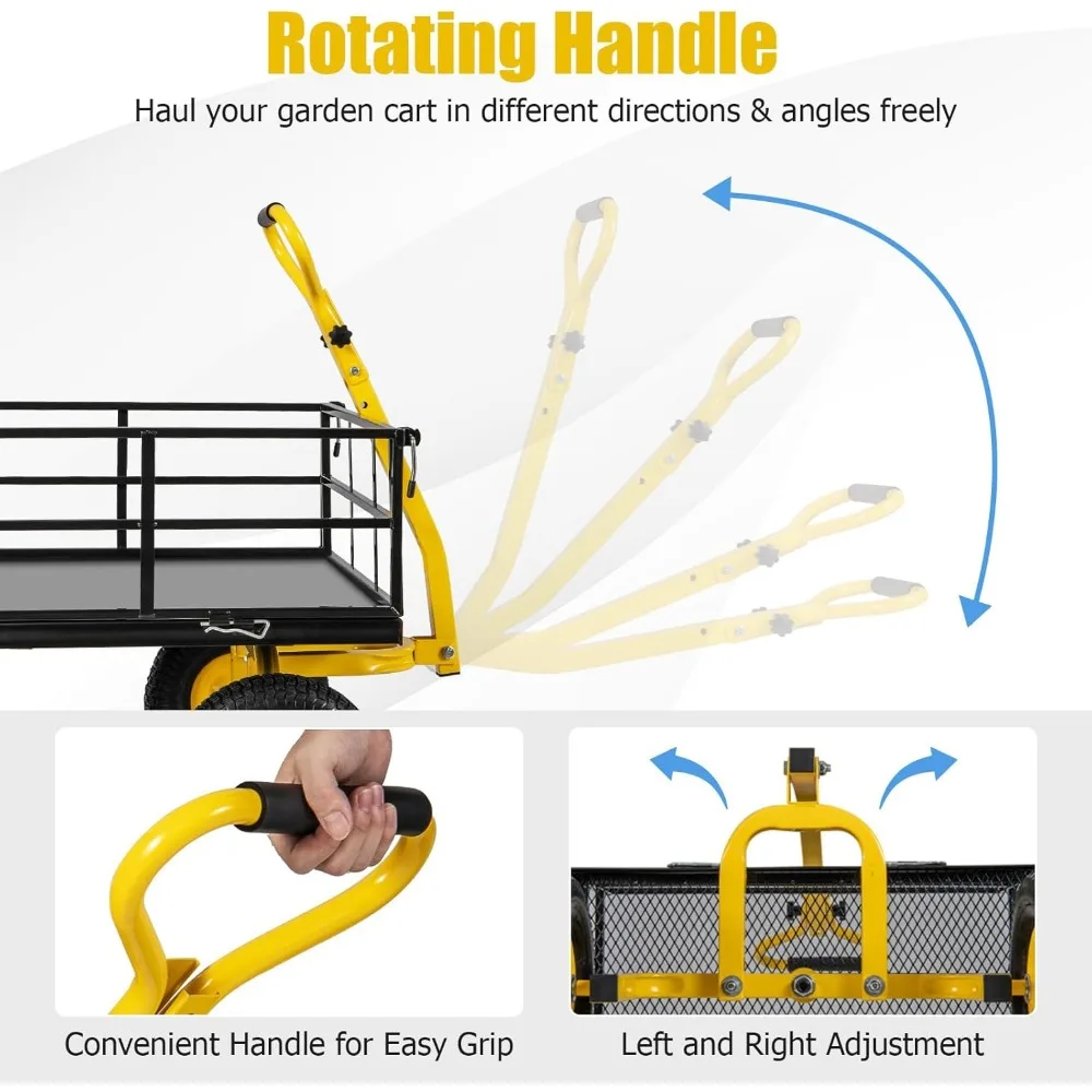 Heavy-Duty Garden Cart with 1200 lbs Capacity, Rotating Handle, Removable Sides, 13 Wheels, Metal Utility Wagon for Outdoor Task