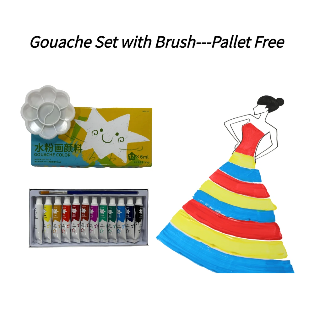 Gouache Paint Set 6ml 12 Colors Tubes 1 Brush & Palette Washable Gouache for Students Beginners Art Craft Drawing