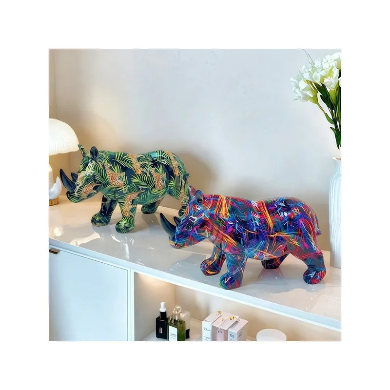 Handmade Rhino Resin Sculpture Modern Abstract Animal Ornament for Living Room Entryway Wine Cabinet Desktop Decor Luxury Gift