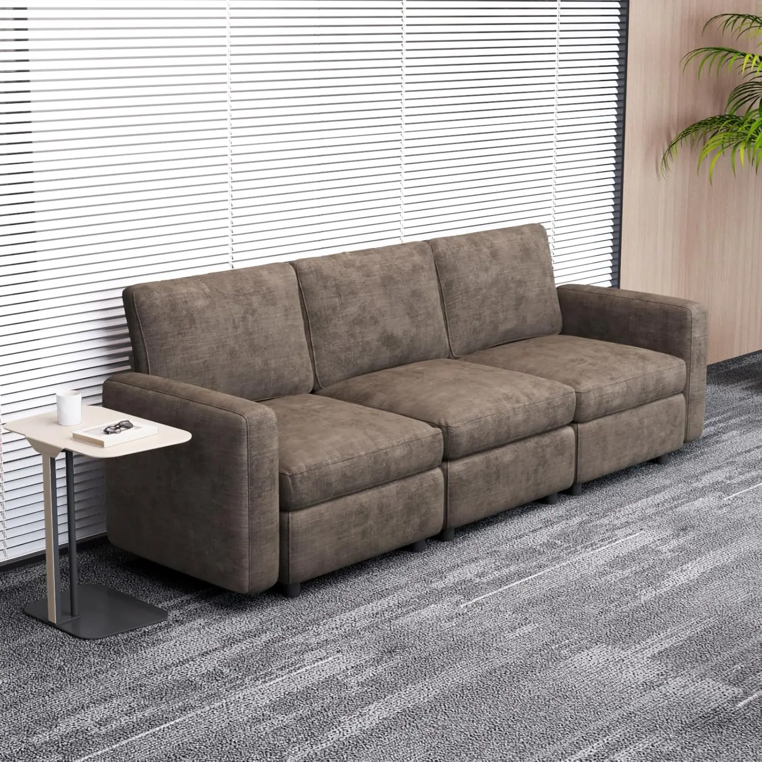 Brown Modular Sofa Deep Seat Soft Cushions Office Loveseat Minimalist Small Large Spaces 3-Seater, Customized