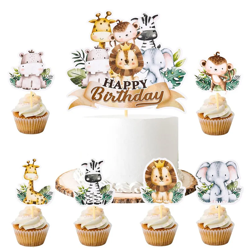 Jungle Animal Happy Birthday Cake Toppers Birthday Cake Decorations for Animal Theme Jungle Birthday Baby Shower Party Supplies