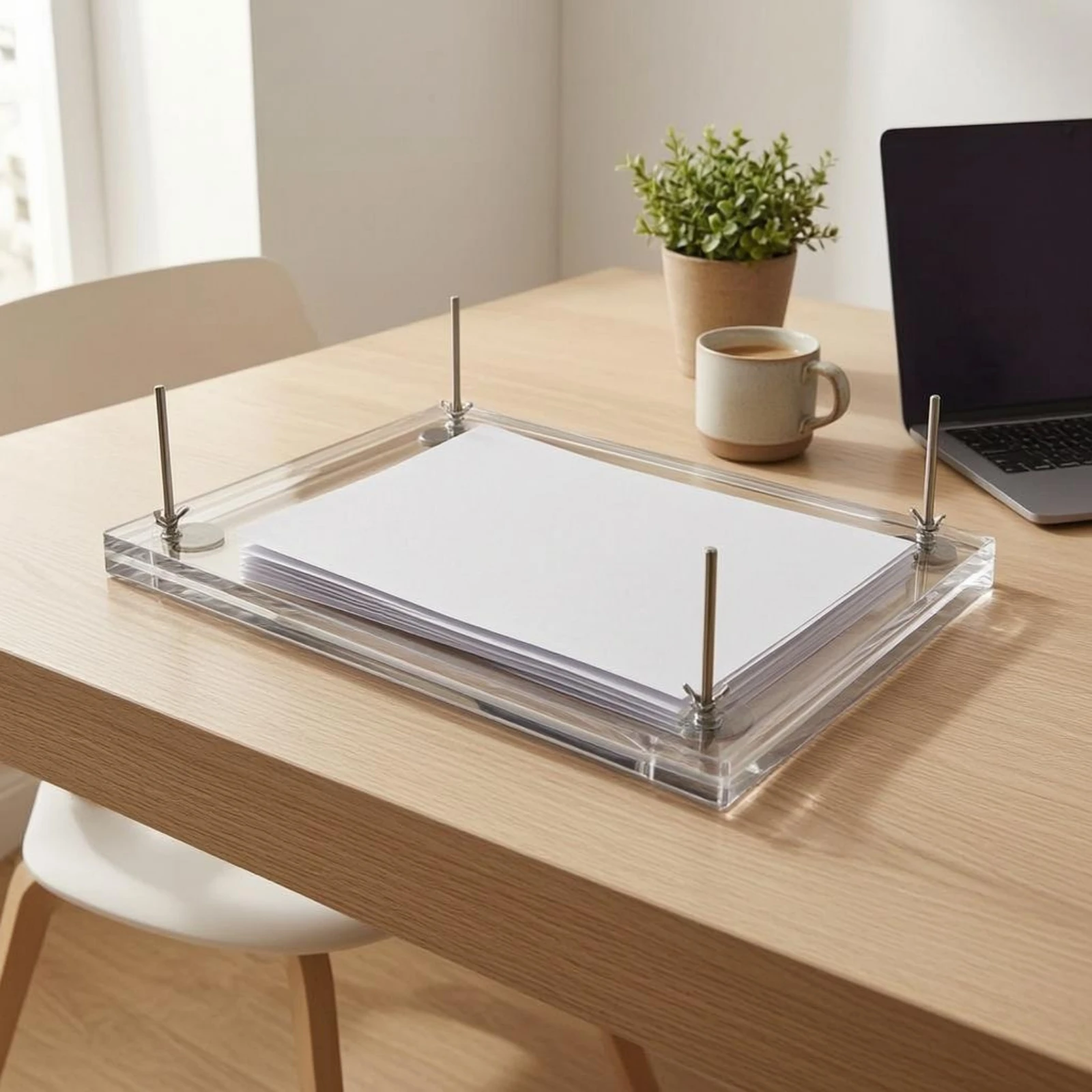 Acrylic Paper Press with Black Corner Pads Document Flattener Desk Accessory Clear A4 Office Supply for Paperwork Organization