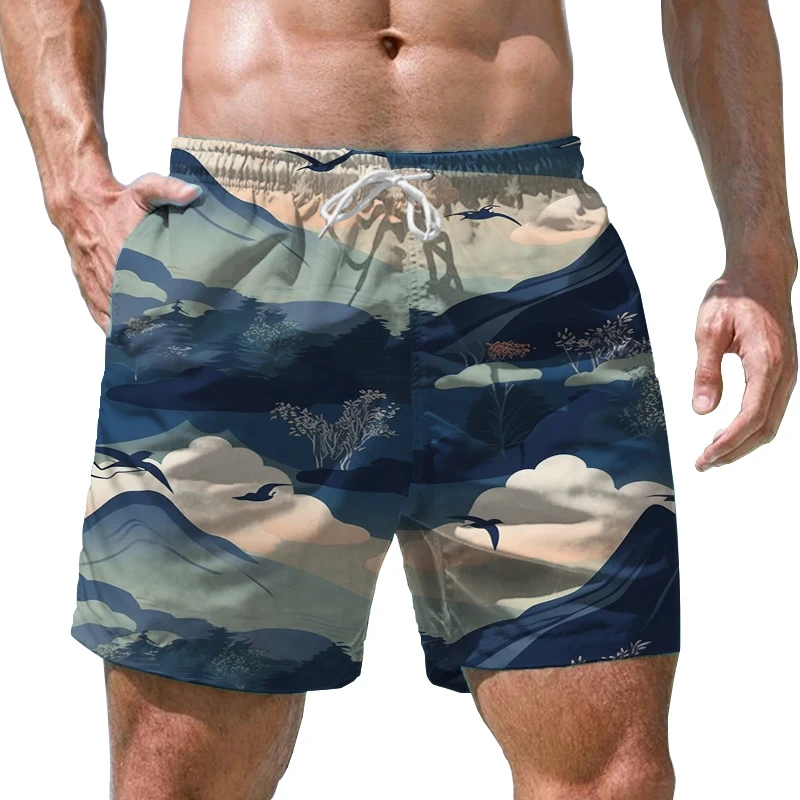 Beach Swim Shorts Loose Casual Shorts Summer Men's Quick Drying Shorts Street Fashion Shorts Cloud Bird Mountain Printed Shorts