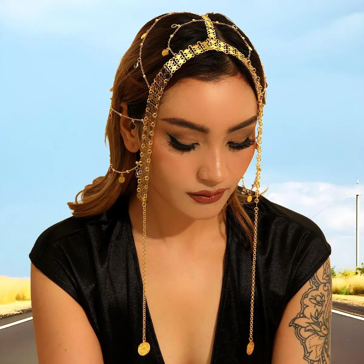 تصميم إبداعي لأغطية الرأس الجديدة، إكسسوارات شعر على شكل سلسلة رأس ذهبية لشركة الشرق الأوسط، إكسسوارات الزفاف النسائية