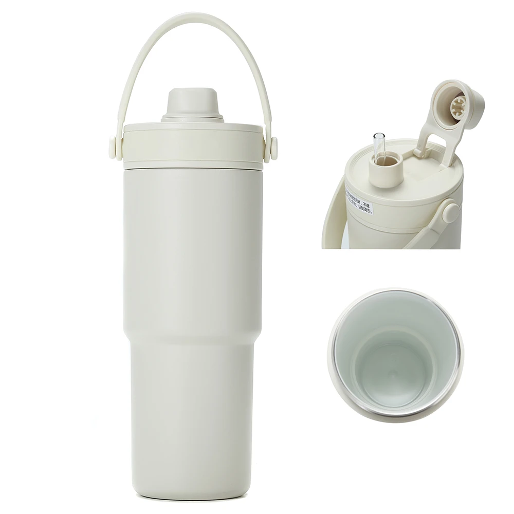 Gobelet en céramique avec poignée, grande tasse thermique 24OZ, avec paille, thermos portable pour café froid, bouteille de voyage isolée sous vide