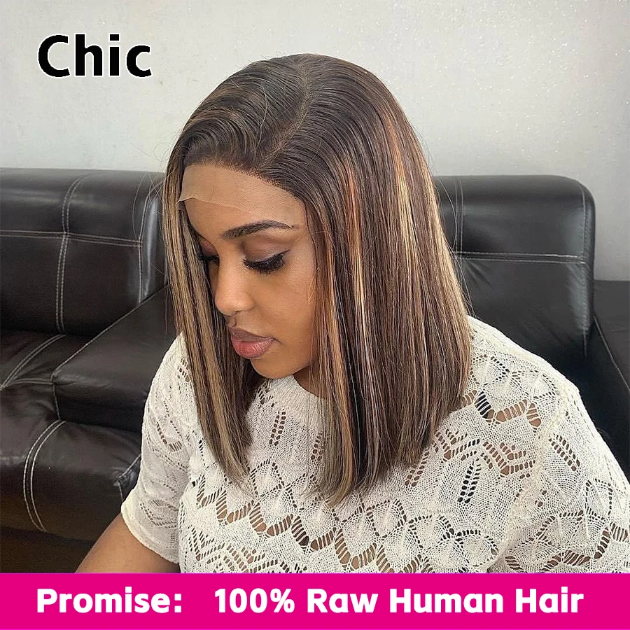 100% Raw Human Hair Wig Double Drawn Real HD Lace 250% Density 1B/27 Highlight Short Bob Wig 5x5 HD Lace Closure Wig Wear And Go