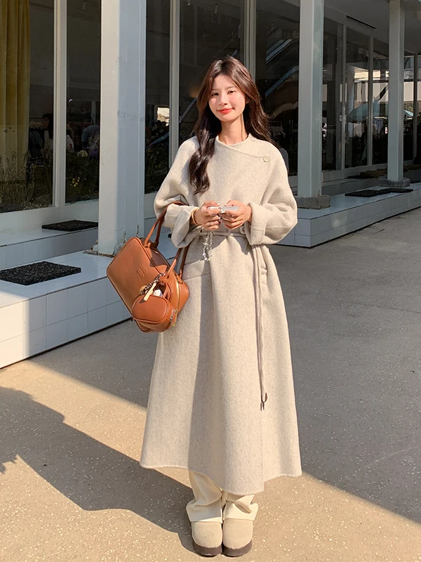 

Женское двустороннее шерстяное пальто Ele с длинными рукавами в корейском стиле, с эффектом утончения талии, осенне-зимняя новинка