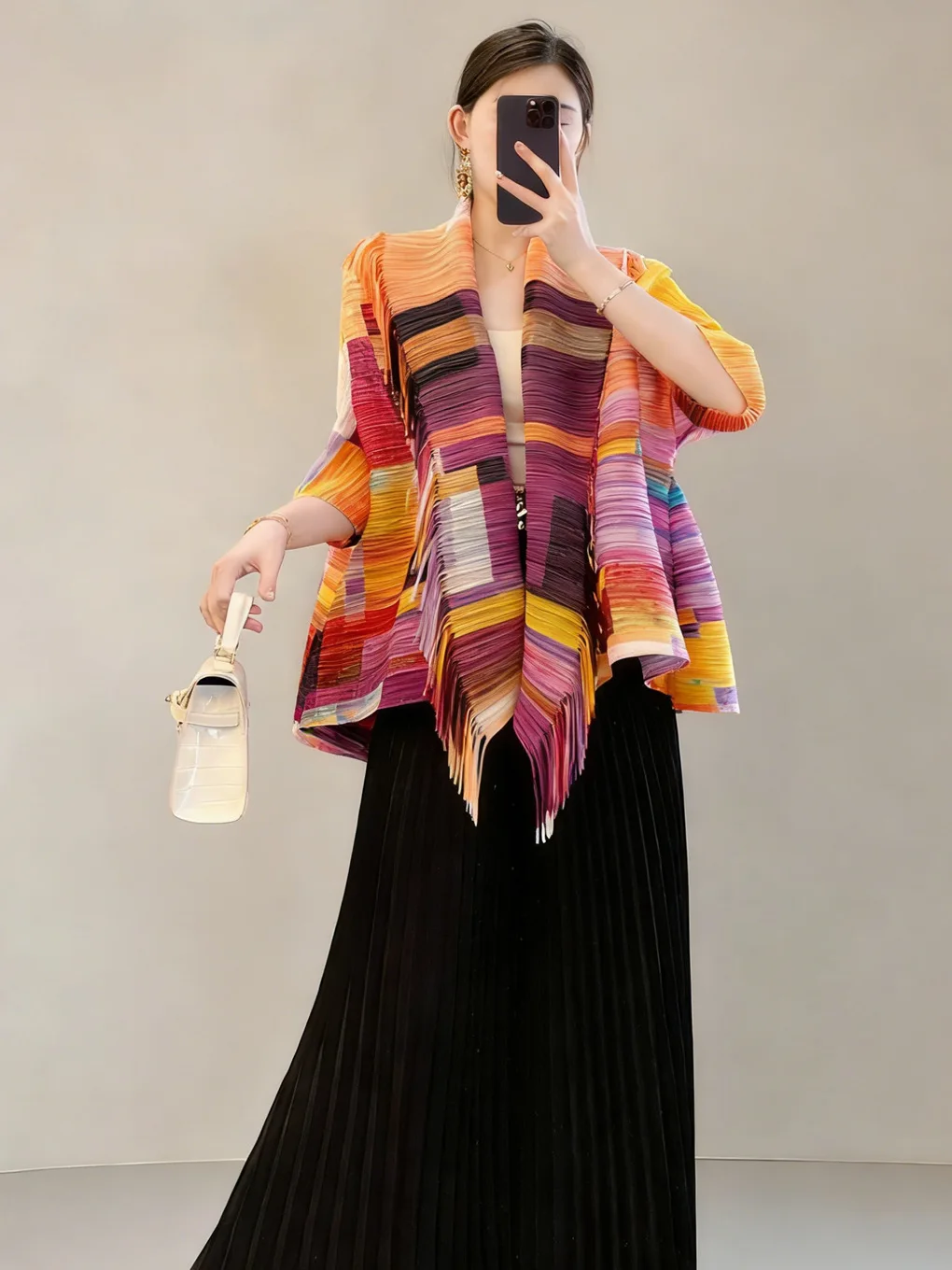 Women's fringed collar cardigan shawl outerwear, bright colors, spring/summer off-shoulder jacket, casual and stylish design.