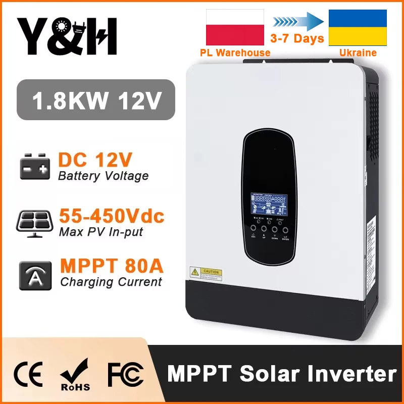 Y&H 1.8KW 3KW 하이브리드 태양광 인버터 12V 24V 220V 순수 정현파 인버터 MPPT 80A 태양광 충전 컨트롤러 오프그리드 인버터