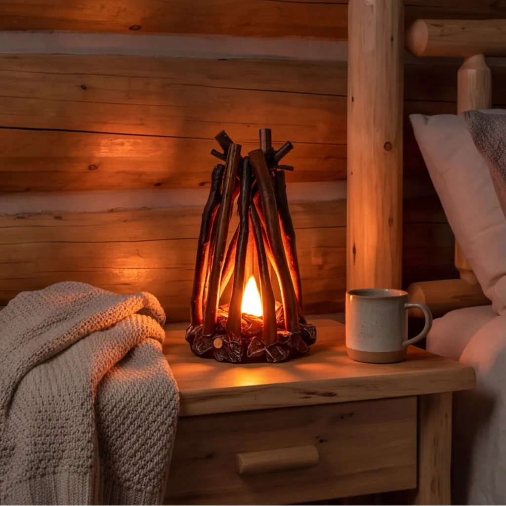 Handmade Oak Wood Campfire Night Light USB Desk Lamp Flickering Flame with Crackling Sound Warm LED for Rustic Bedside Home