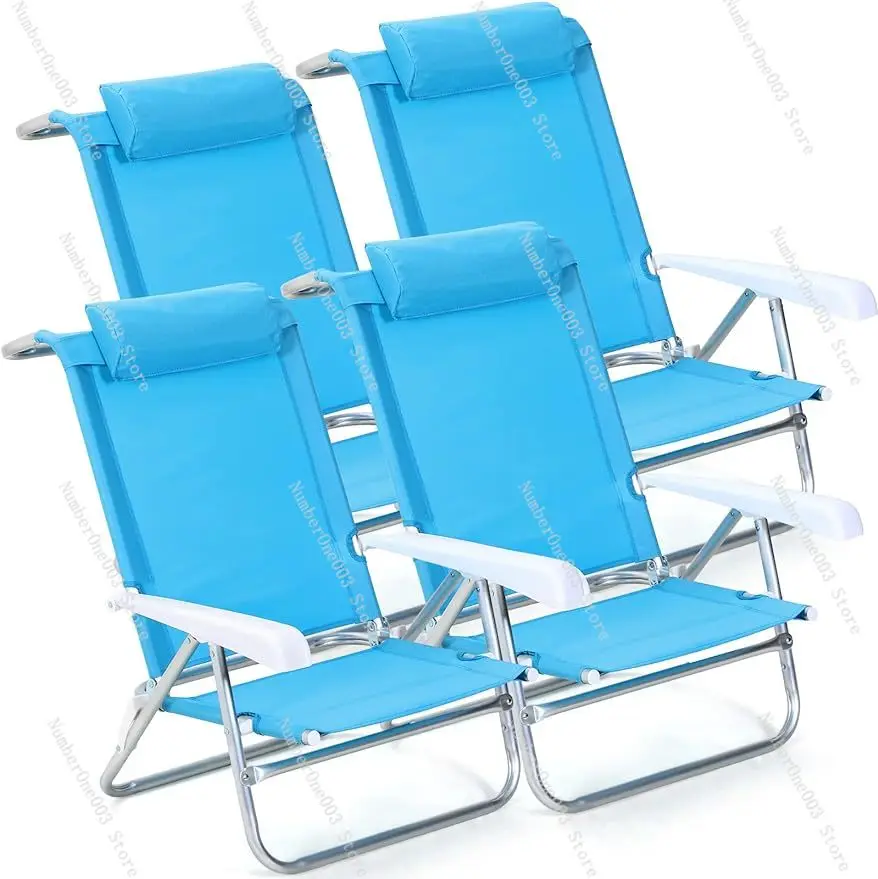 4 Pcs Folding Beach Chairs Sling Camping Sunbathing Chairs Reclining Back with Head Pillow,