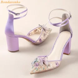 Sexy Butterfly Mesh Sandals New Style Buckles Straps Pointy Toe Women Sandals Designer Shoes Chunky High Heels Printed Summer