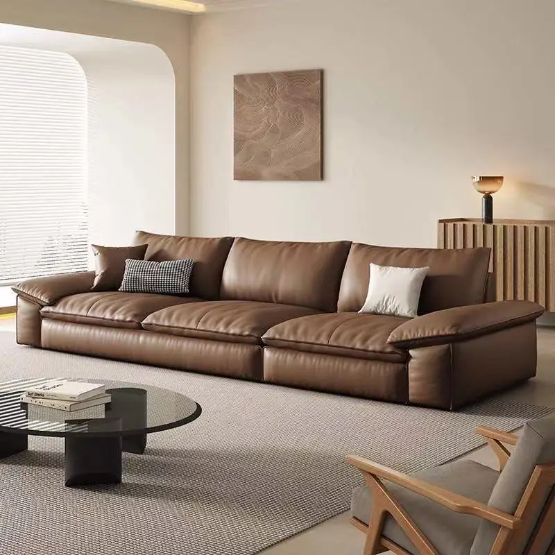 Italian Minimalist Leather Sofa Small Apartment Living Room Simple Retro First Layer Cowhide Oil Wax Leather Sailing Sofa
