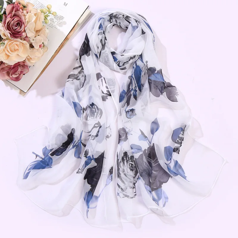 Rose Flower Summer Chiffon Georgette Scarf Women Foulard Shawl Bandana Elegant Beach Sun Protection