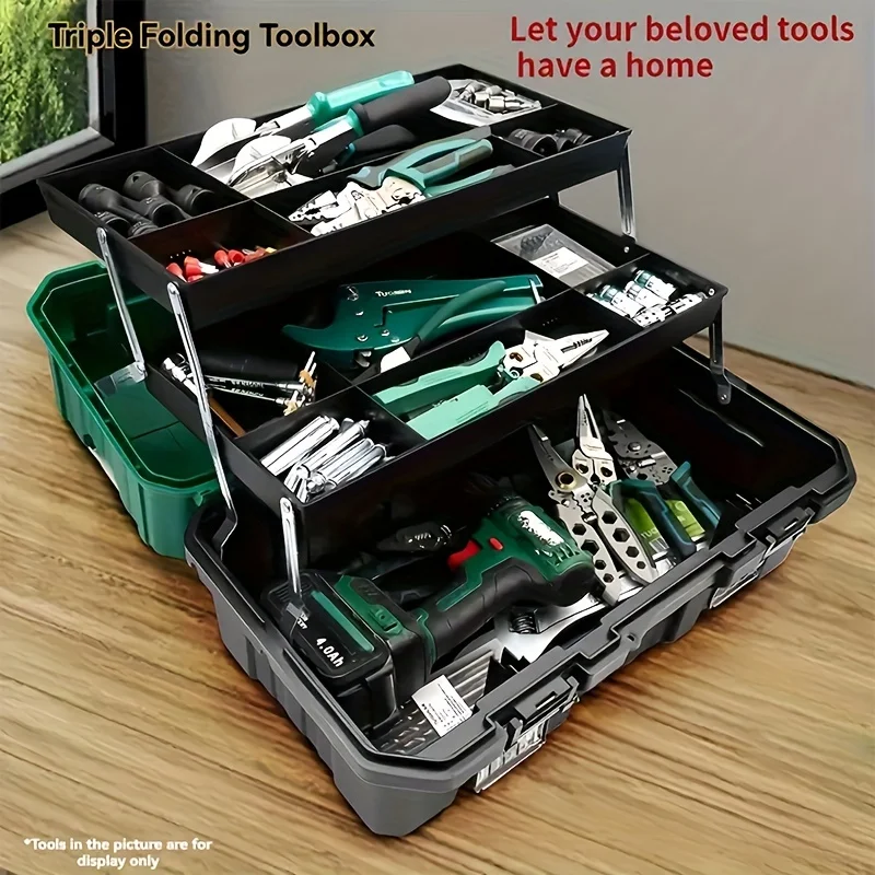 1pc Multi-Layer Thickened Triple Folding Toolbox, Durable Plastic Storage Organizer with Reinforced Metal Connecting Rods