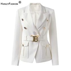 Factory Customize Luxury Quality Classic Style Office White Black Women Pocket Blazers with Blet