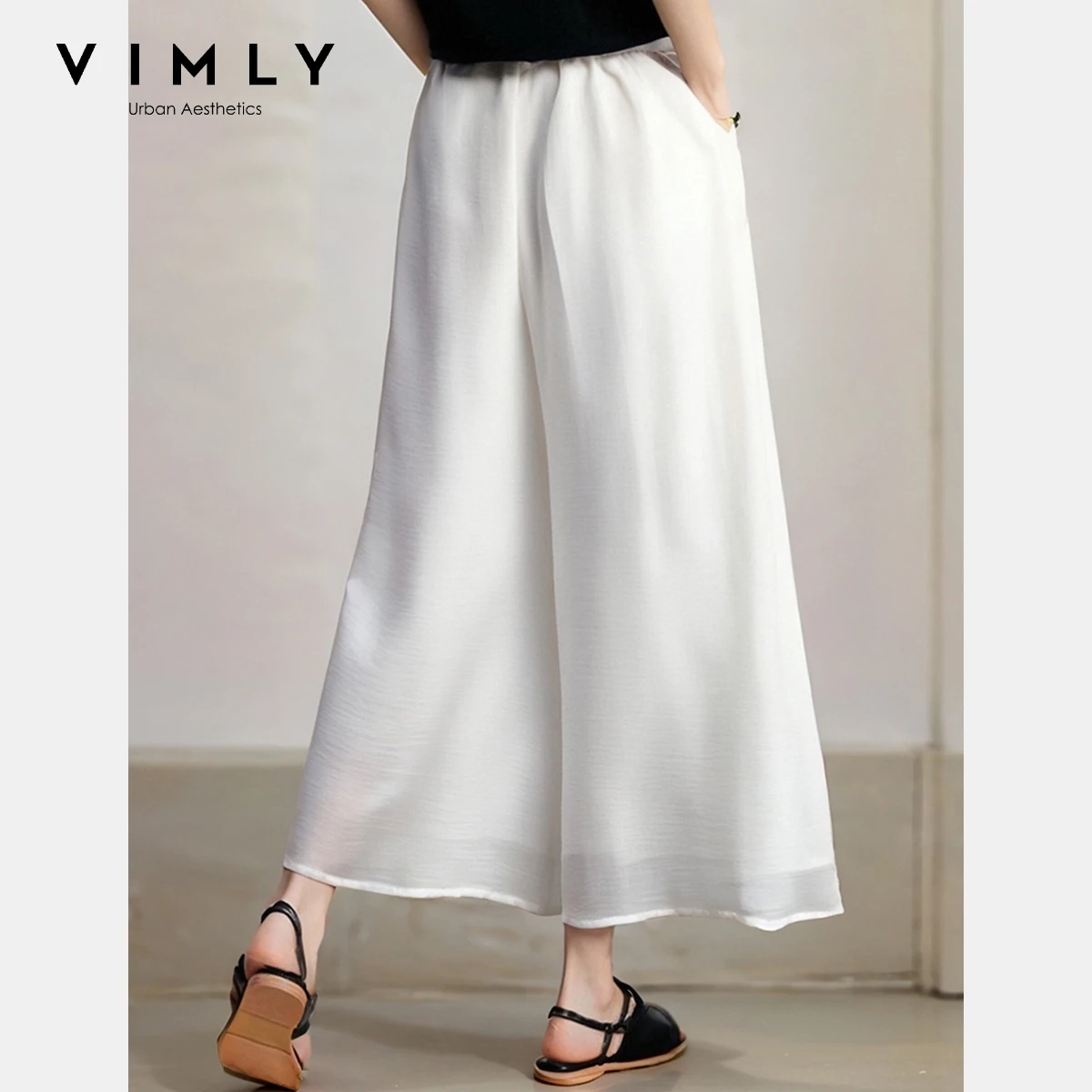 VIMLY White Nine Point Trousers Women's 2025 Summer Casual Straight Wide Leg Elegant Pants Front Pockets Woman Clothing A2190