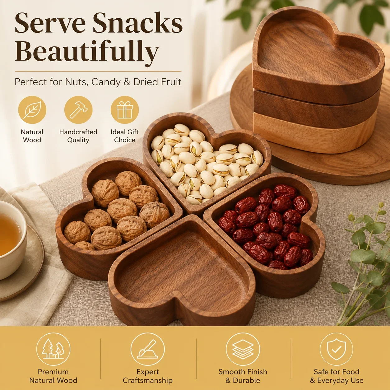 Ensemble de plateaux à collation en bois en forme de cœur QA, bol de service polyvalent avec couvercle, boîte de rangement empilable pour noix, bonbons, fruits secs, maison