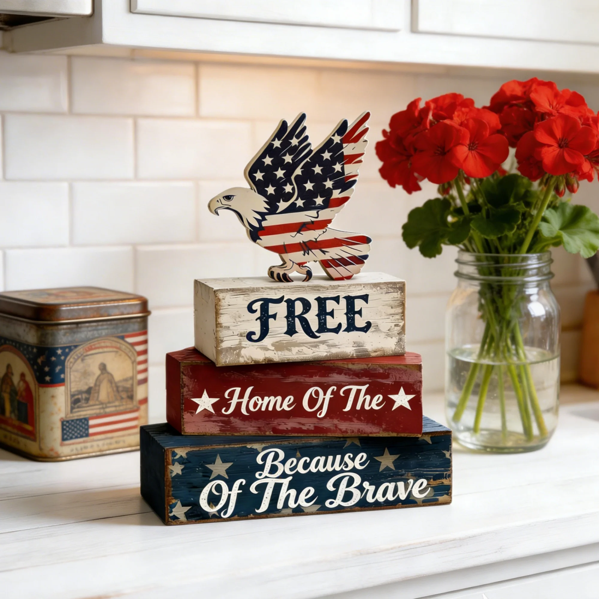 4th of July Tray Decorations Set of 4 Hawk Design Red White Blue Wooden Patriotic Table Decor for Home