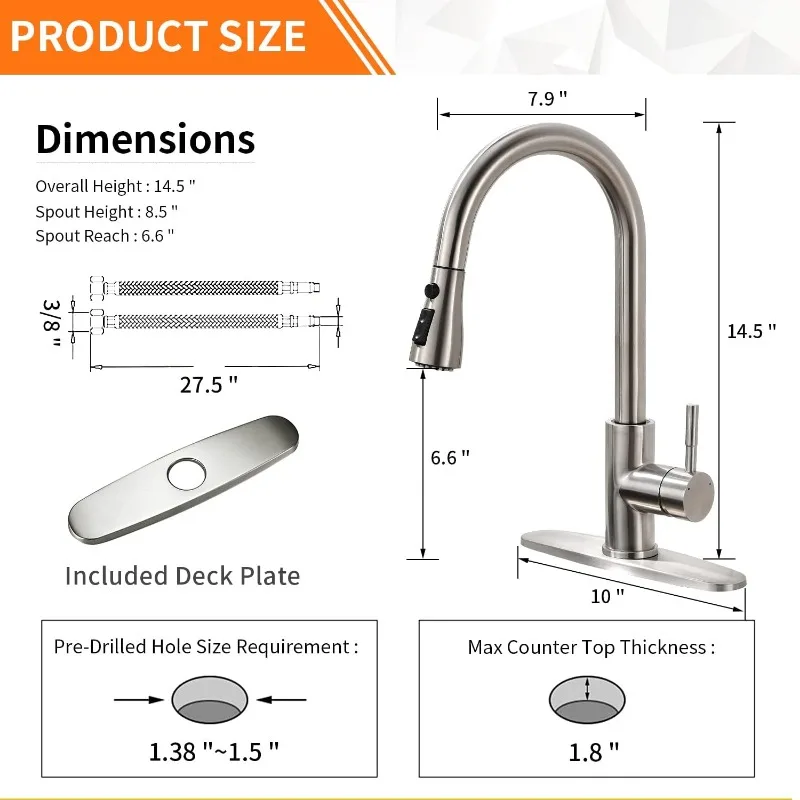 Keran dapur nikel disikat, dengan semprotan tarik ke bawah, keran wastafel dapur dengan semprotan tarik keluar, dudukan dek lubang tunggal