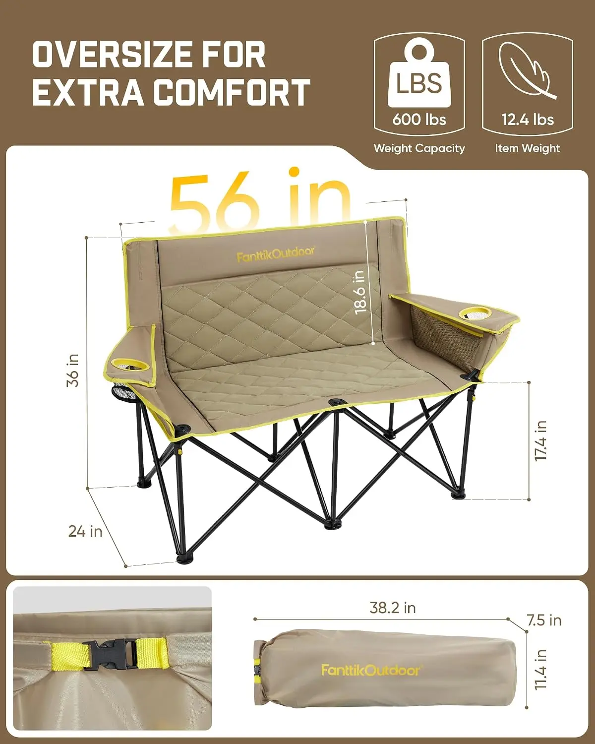 Zeta L11 Duo Pro Double Camping Chair, 2 Person Portable Folding Couch, Support up to 600 lbs, High Strength Loveseat with Cup