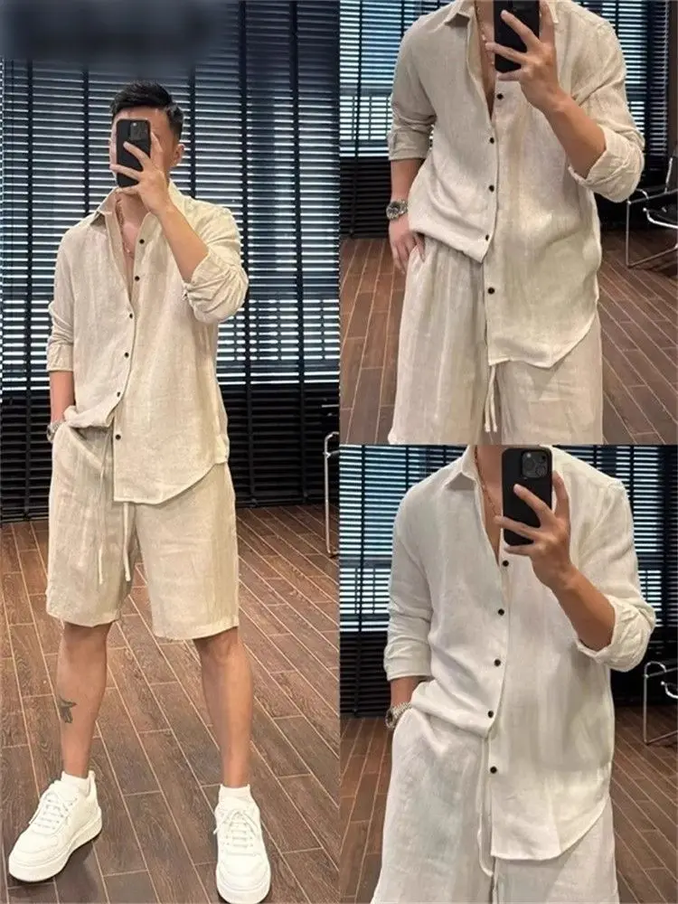 Oatmeal Linen Co-Ord Set Men Summer Minimalist Oversized Long Sleeve Shirt & Elastic Waist Shorts 2PCS Casual Linen Outfits