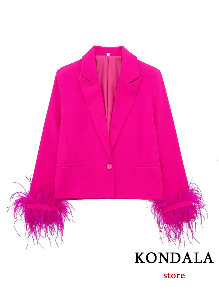 KONDALA Office Lady Blazer Rosered Solid V Neck Long Sleeve Feathers Single Button Short Blazer New Fashion 2023 Autumn Jackets