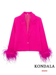 KONDALA Office Lady Blazer Rosered Solid V Neck Long Sleeve Feathers Single Button Short Blazer New Fashion 2023 Autumn Jackets