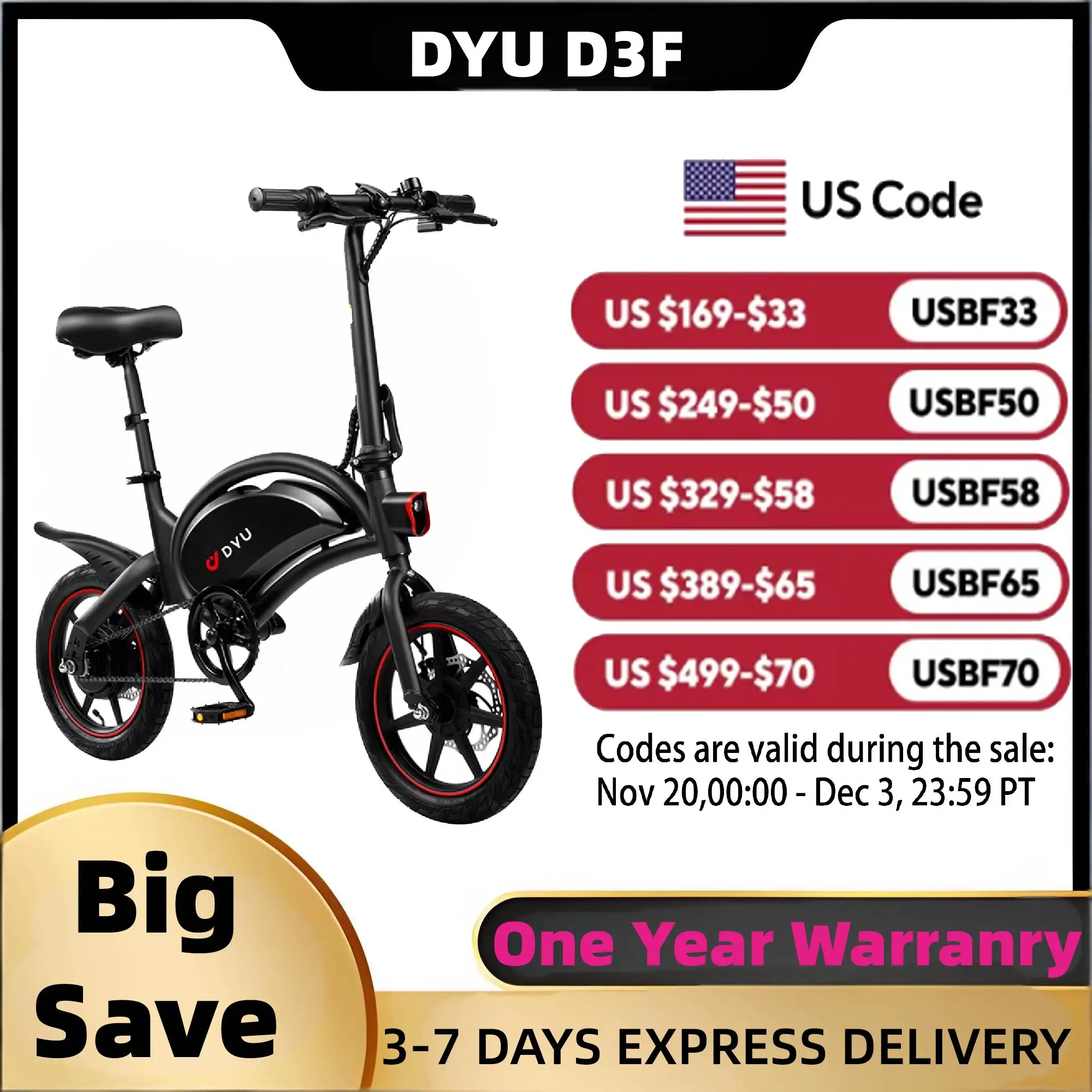 

DYU D3F Adult Electric Bicycle, 250W city ebike, 36V 10AH E-bike, 14 Tire Foldable Electric Bike
