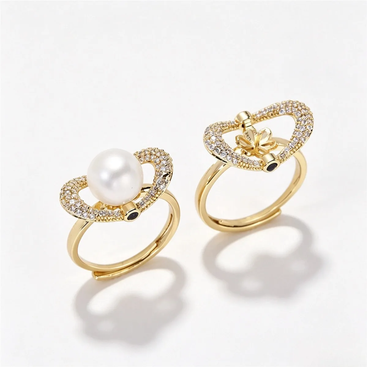 Gold Plated & Silver Tone Rotatable CZ Paved Adjustable Open Ring Setting Blank, NO Pearl, DIY Pearl Bead Jewelry Making Finding