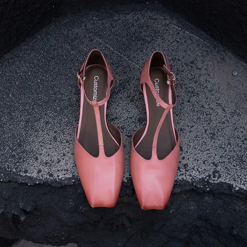 Women Pumps French Style Cowhide Simple Shoes Retro Mary Jane Woman Handmade Shoes Ladies Spring Autum Vintage Pumps Square Toe