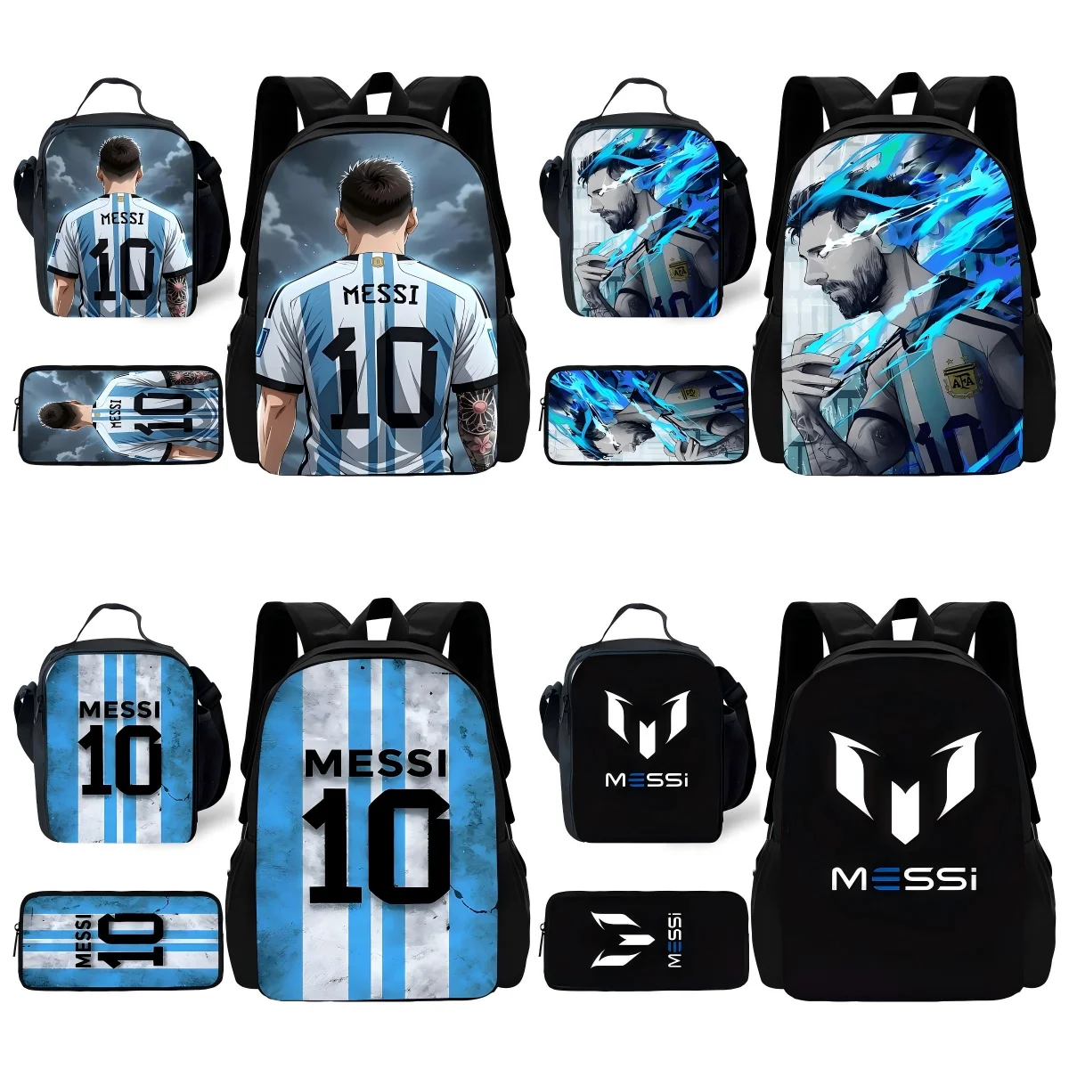 Child Football For Messis School Backpack with Lunch Bags ,Pencil Bags ,School Bags for Boys Girls Best Gift