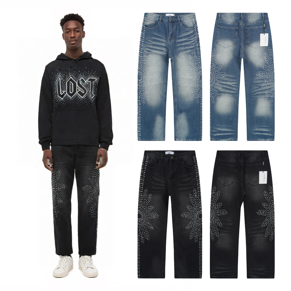 

Denim Baggy Jeans with Rhinestones Men Clothing Y2k Pants Street Style Vintage Hiphop Straight Trousers Streetwear Jeans for Men