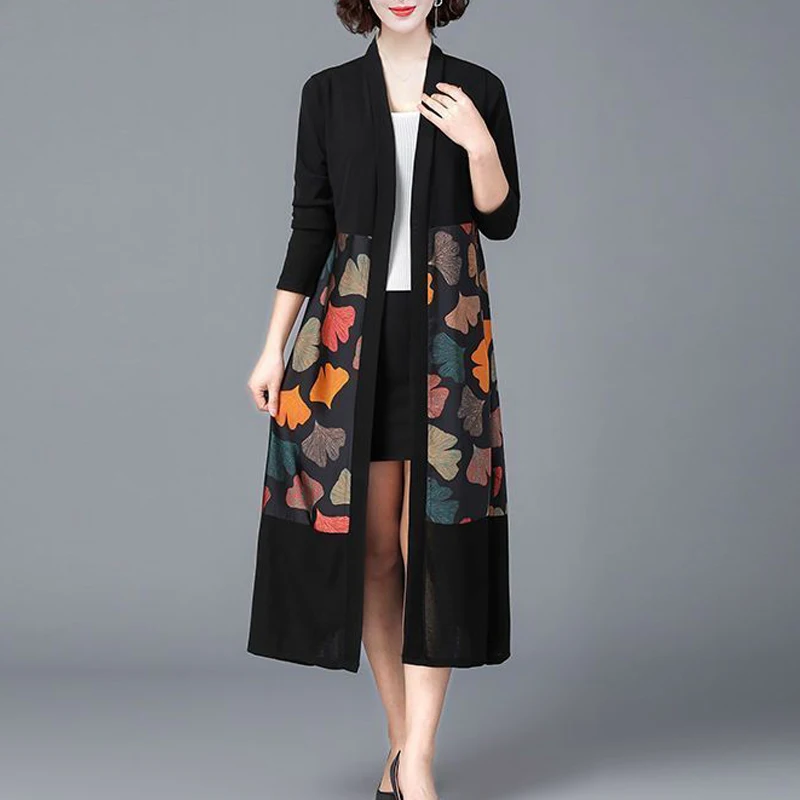 New Women Clothing Spring Autumn Elegant Fashion Floral Print Patchwork Mid Length Coat V Neck Long Sleeve Loose Cardigan Jacket