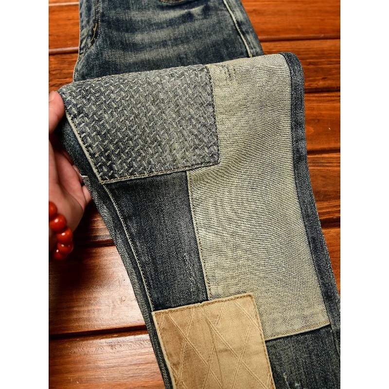 

Retro and nostalgic patchwork design jeans for men, trendy and fashionable street men's clothing, slim fit small foot long pants