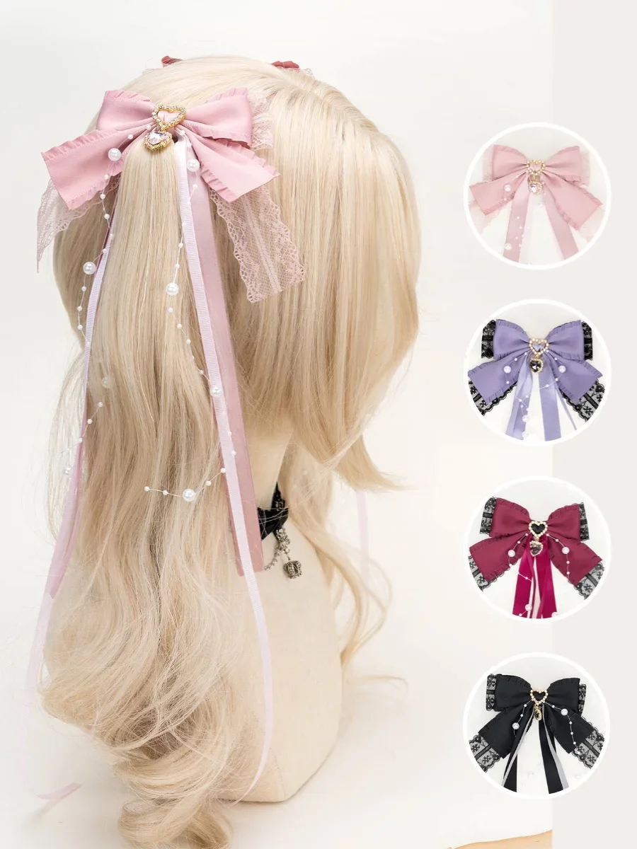 Japanese Handmade Double Ponytail Hairpin Lace Bow Hairpin Mine Rhinestone Love Pearl Streamer Headgear Edge Clip Accesssoires