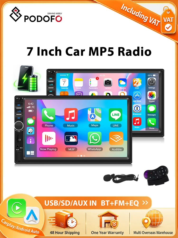 Podofo 7'' Radio Samochodowe Uniwersalny Odtwarzacz Multimedialny MP5 BT FM 2din Autoradio Jednostka Główna SWC Inteligentne Systemy Samochodowe Multimedialne Stereo Mirrorlink HD Ekran Dotykowy — 2