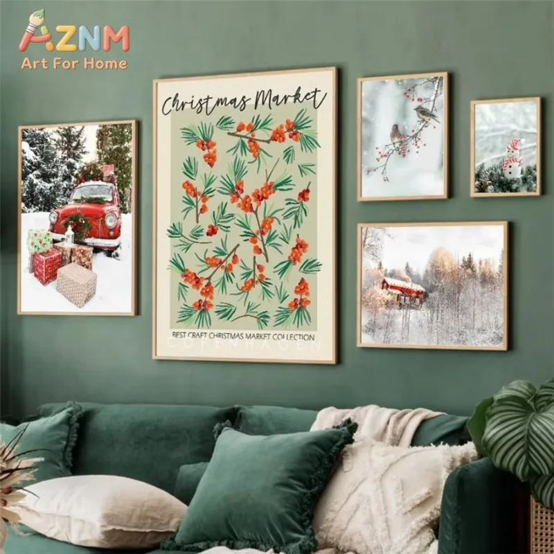 Unframed Christmas Market Canvas Wall Art Winter Snowy Red Truck Berry Print Poster Xmas Home Living Room Decor Canvas Painting