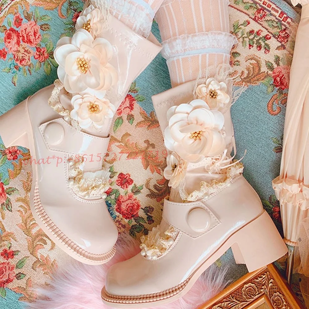 

Sweet Flowers Summer Lolita Boots Women Lovely Round Toe Boots Chunky Heels Chic Leather Spring Elegant Floral Pattern Shoes