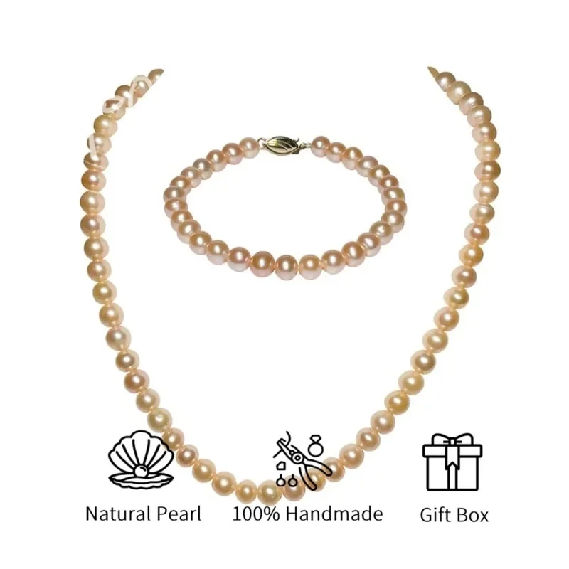 

MYSOYA Pink Freshwater Pearl Jewelry Set 6-7mm Necklace Bracelet With Gift Box For Her/Him Birthday/Wedding/Christmas/New Year