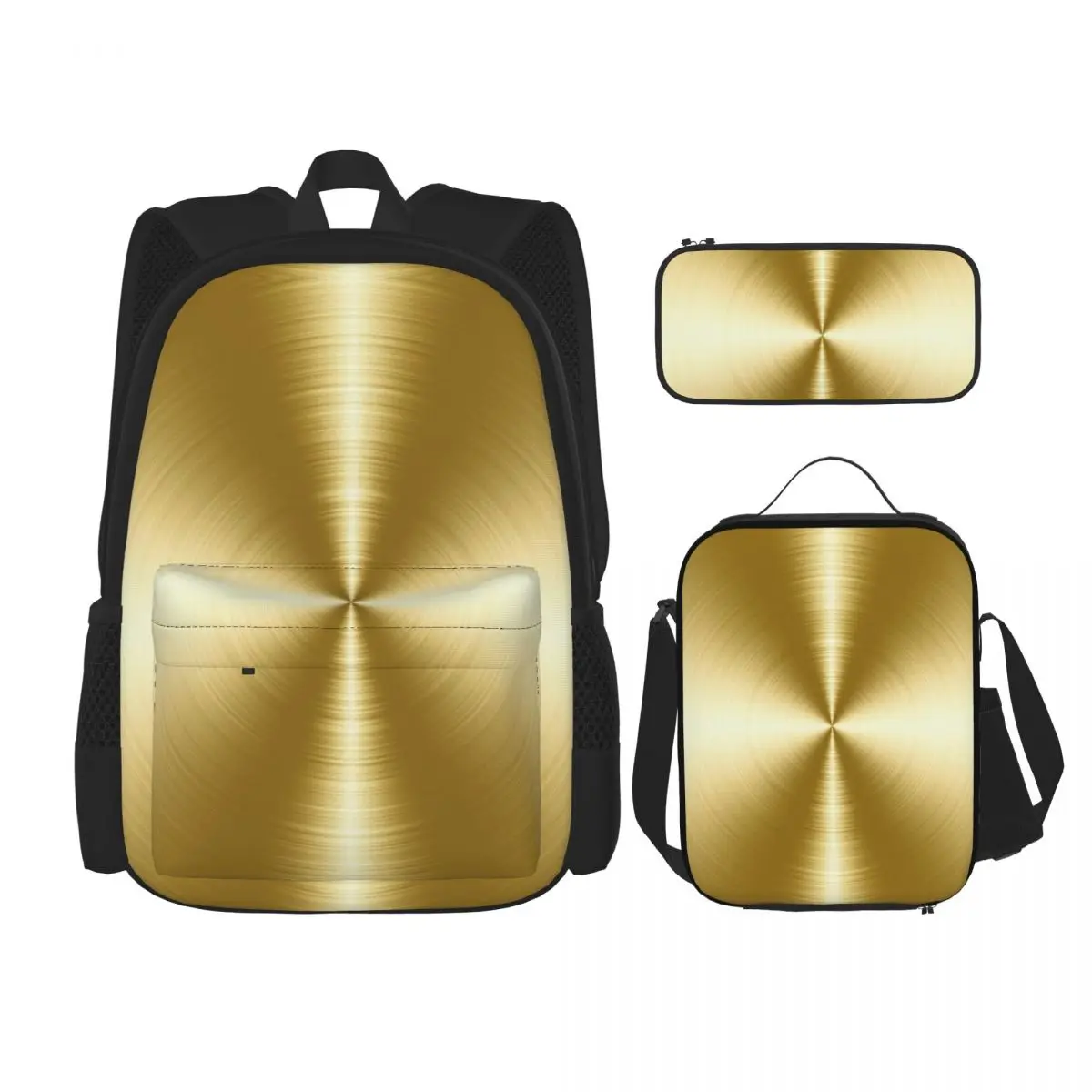 

Brushed Gold Radial Metal Backpacks Students Bookbag School Bags Rucksack Lunch Bag Pen Bag Three-Piece Set