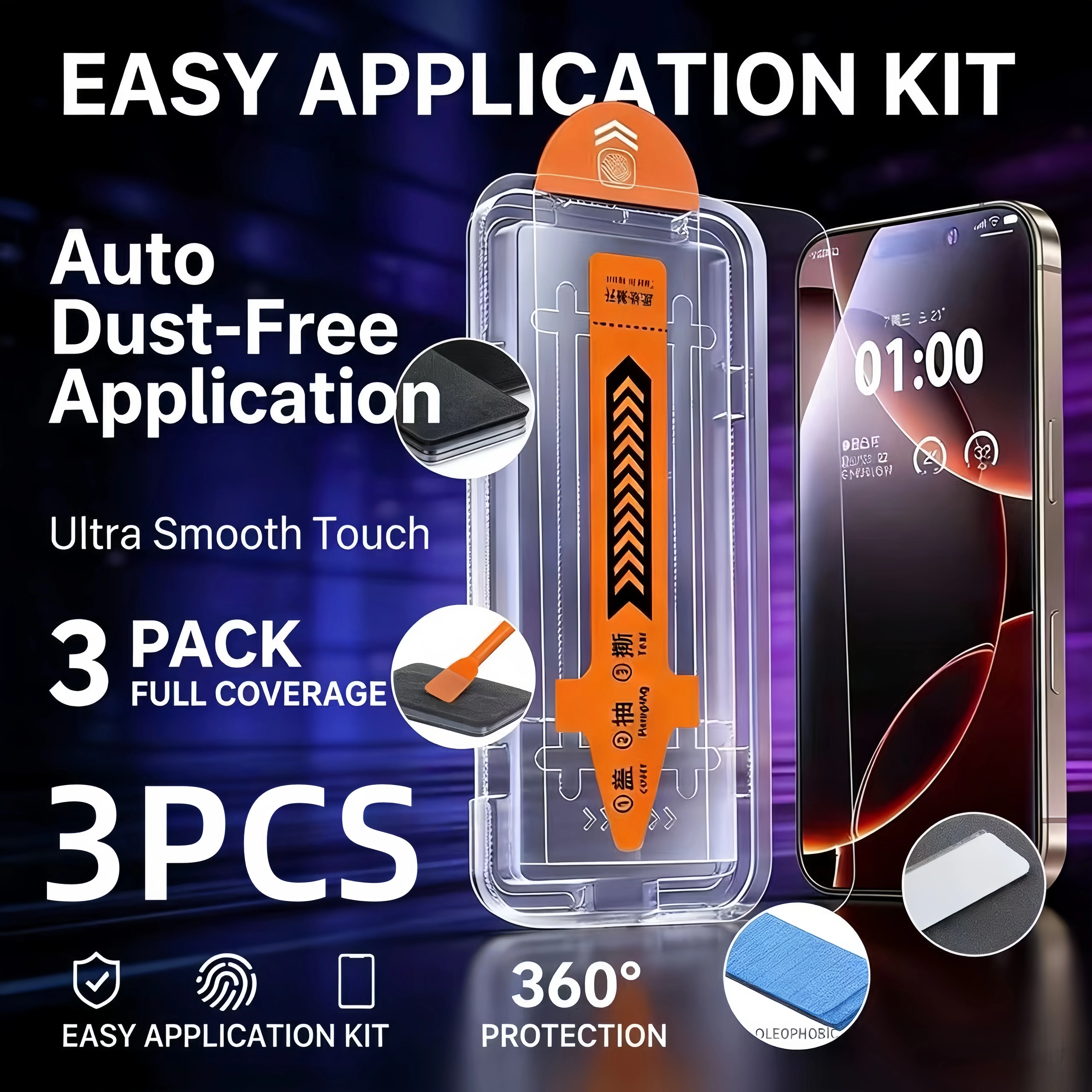 

3Pcs Oleophobic Coating Dust Free Easy Installation Screen Protector For iPhone17 16 15 14 13 12 11Pro Max 17Air 15 16Plus Glass