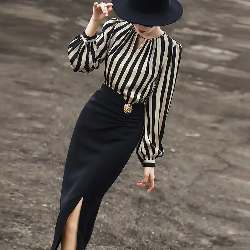 

Women Spring Autumn Elegant Temperament Striped Patchwork Appear Thin Dresses Ladies Simplicity Office Lady Elegant A-line Skirt