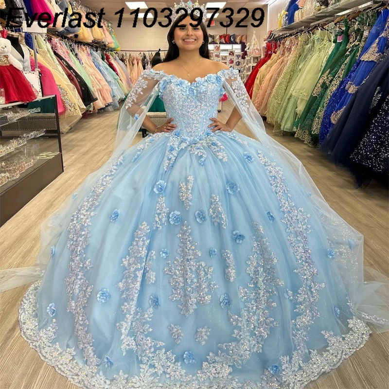 

EVLAST Customized Sky Blue Quinceanera Dress Ball Gown Lace 3D Flower Applique Beaded Cape Sweet 16 Vestidos De 15 Años TQD172