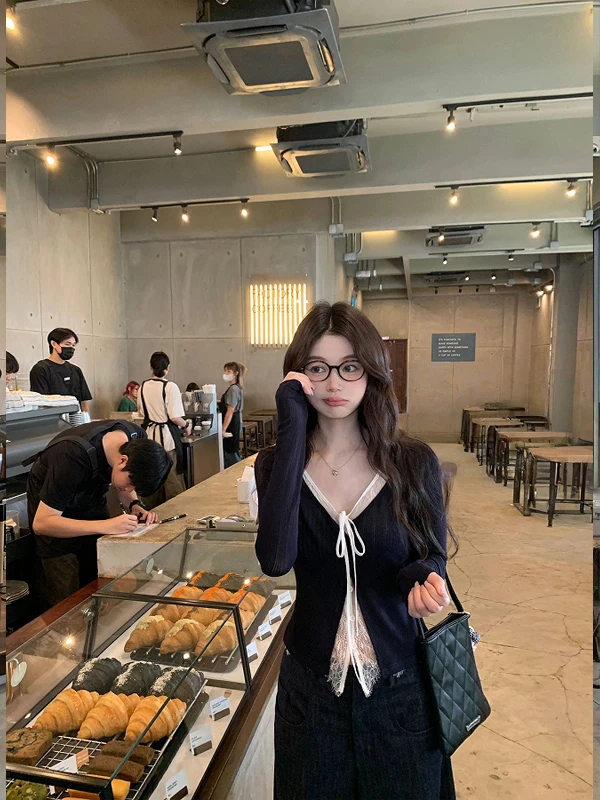 

Женская футболка с эффектом похудения, кружевной галстук, длинная базовая футболка Sve, весенняя повседневная трикотажная ткань, весна 2025 г.