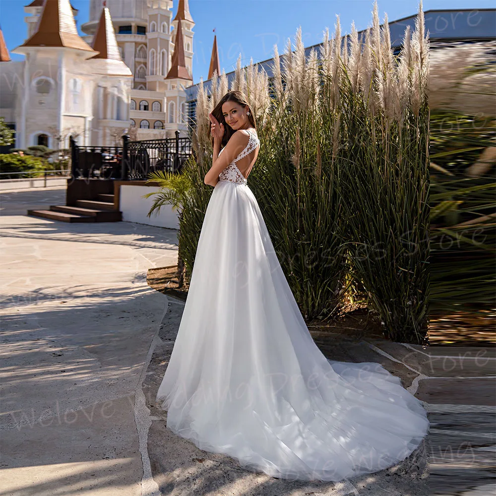 Vestidos De Novia bohemios para mujer, vestido De Novia De encaje con apliques elegantes, cuello en V, sin mangas, espalda descubierta