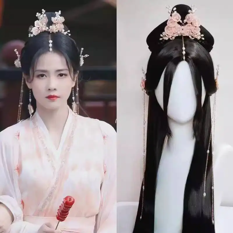 Ancient Style Hanfu Women's Wig Full Head Set Hair Accessories Long Yue Jin Ming Imitation Ye Xi Mist Same Style Pearl Pink view 6