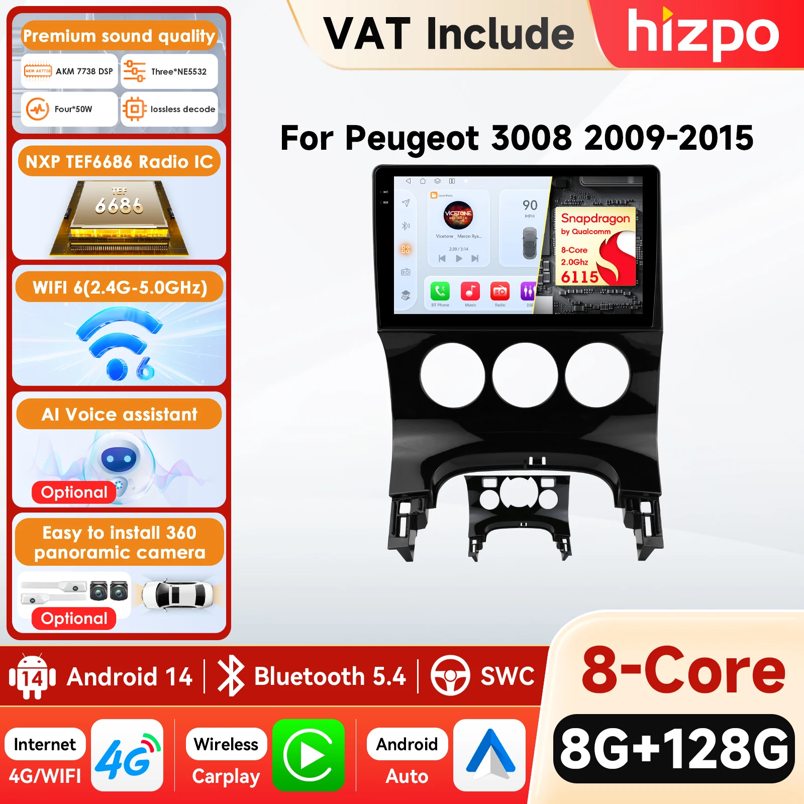 Hizpo Lecteur Multimédia Automobile Android 14 9'' pour Peugeot 3008 2009-2015 GPS Carplay 4G Écran Intelligent AI Autoradio Caméra 360°