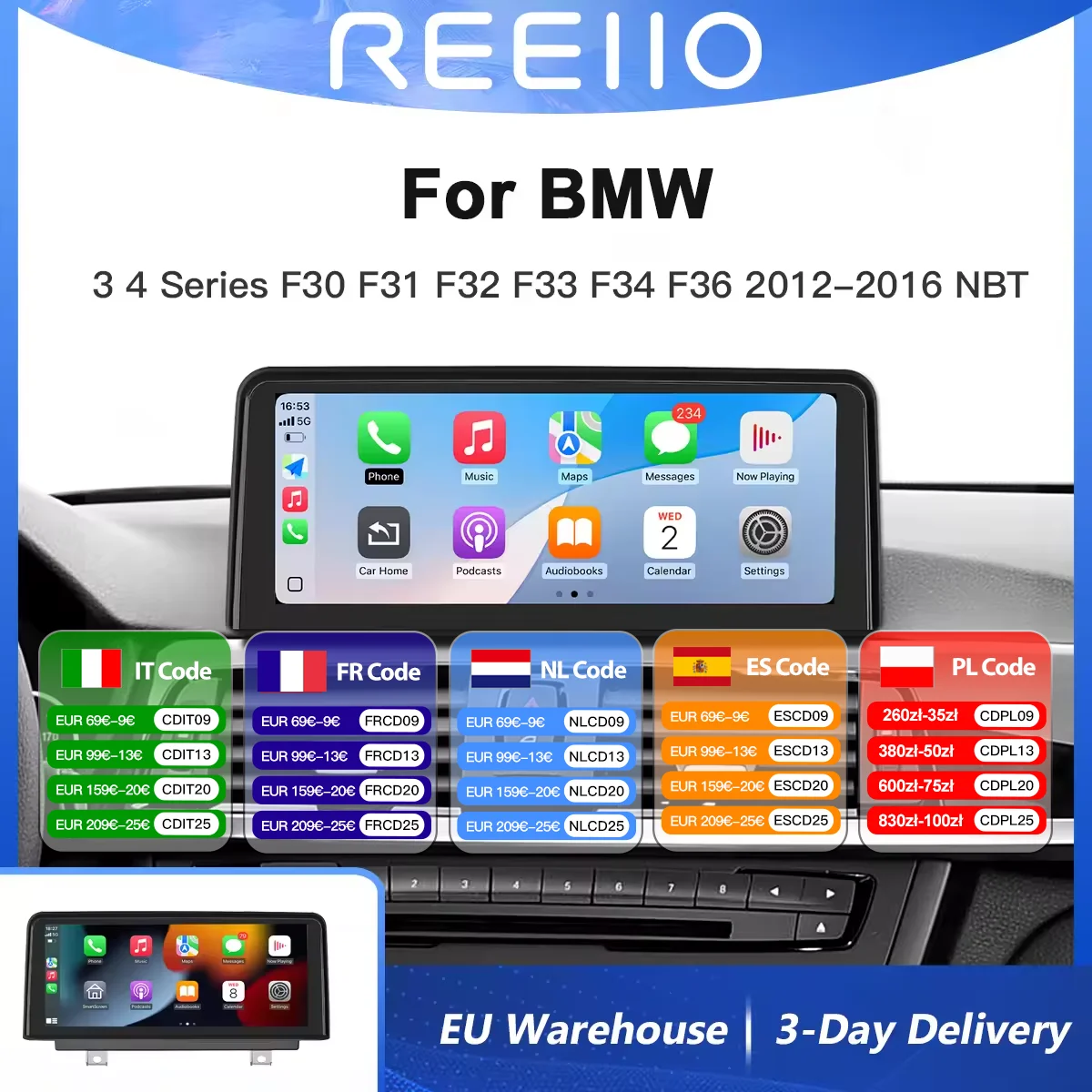 10.25' Wireless CarPlay Android Auto for BMW 3 /4 Series F30 F31 F32 F33 F34 F36 NBT Multimedia Screen Touch Screen