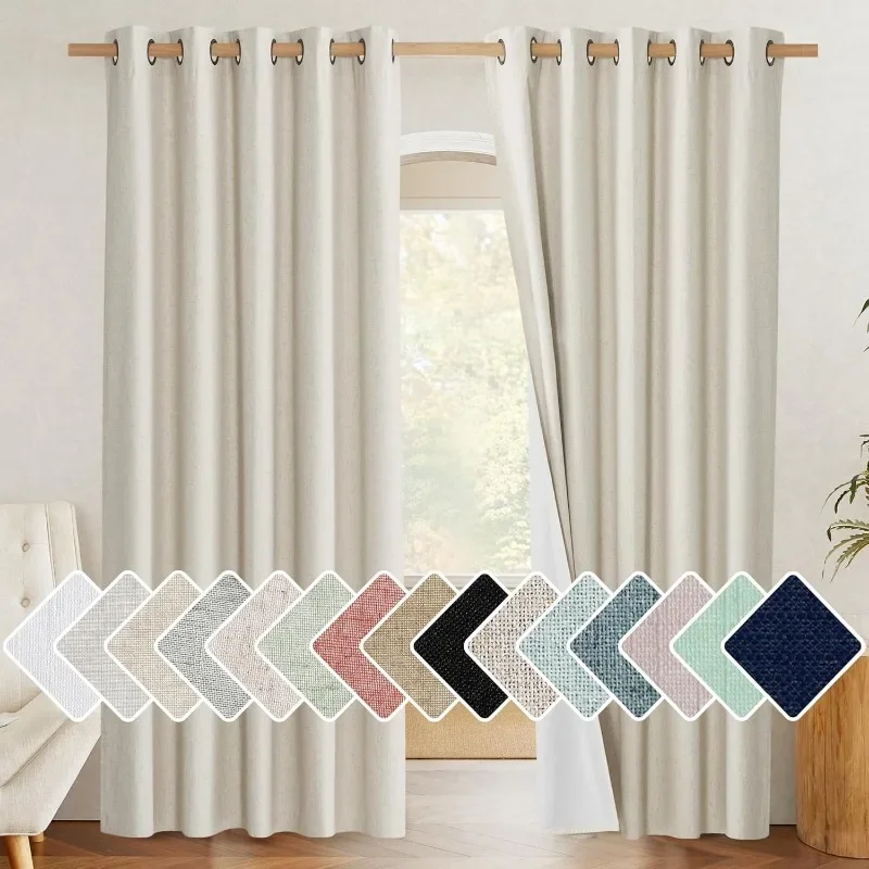 

Natural 100% Blackout Linen Curtains, Farmhouse Thick Fully Blackout Window Treatment Insulated Curtains